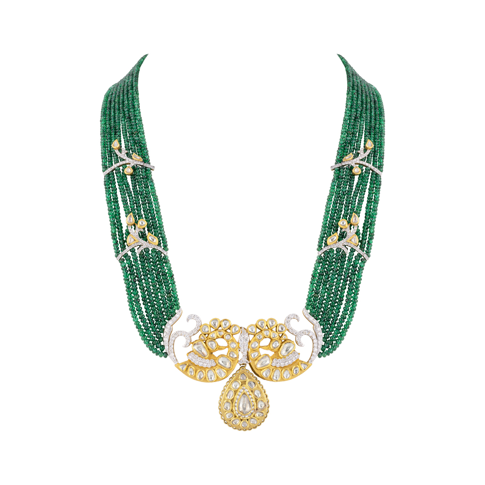 Layered Emerald Bead Necklace with Peacock Polki & Bud Motifs